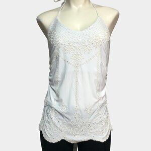 Viva You White Beaded/Sequins Halter Top Size Large